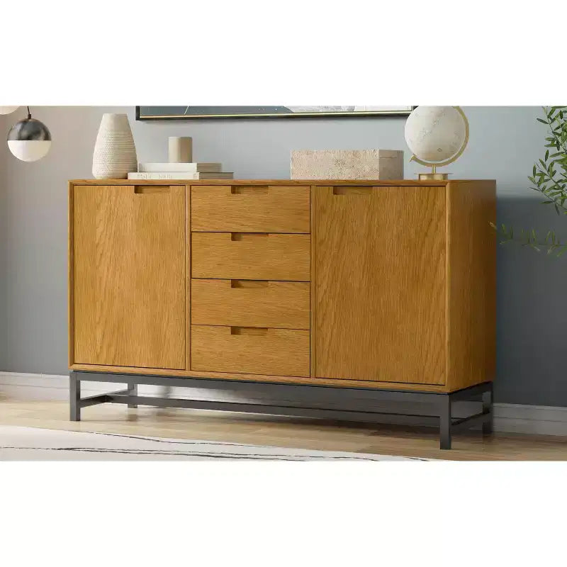 Buffet industriel de 152 cm avec tiroirs centraux en placage chêne