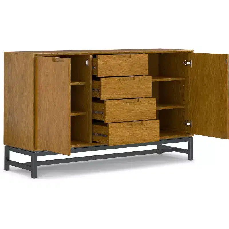 Buffet industriel de 152 cm avec tiroirs centraux en placage chêne