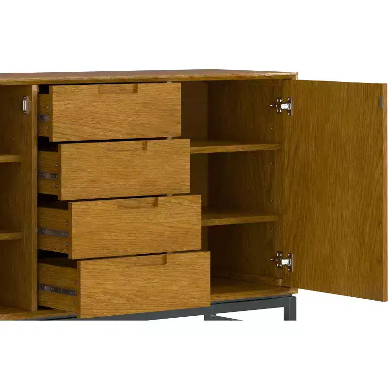 Buffet industriel de 152 cm avec tiroirs centraux en placage chêne