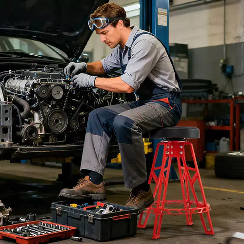 Tabouret d'atelier pivotant de 28 pouces avec siège rembourré rond pour atelier et réparation automobile, rouge et noir