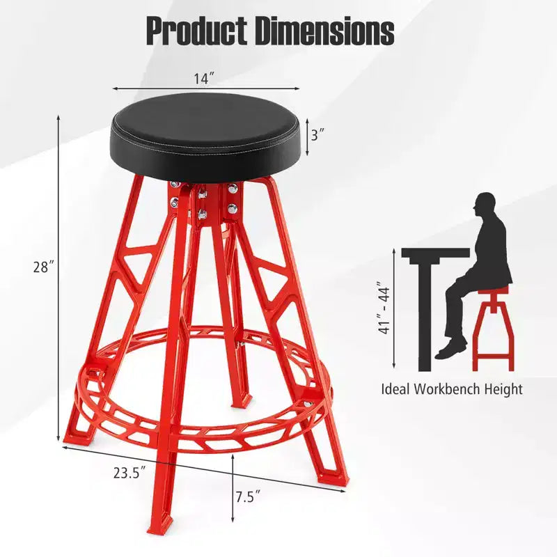 Tabouret d'atelier pivotant de 28 pouces avec siège rembourré rond pour atelier et réparation automobile, rouge et noir