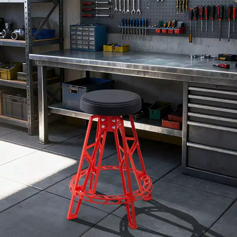 Tabouret d'atelier pivotant de 28 pouces avec siège rembourré rond pour atelier et réparation automobile, rouge et noir