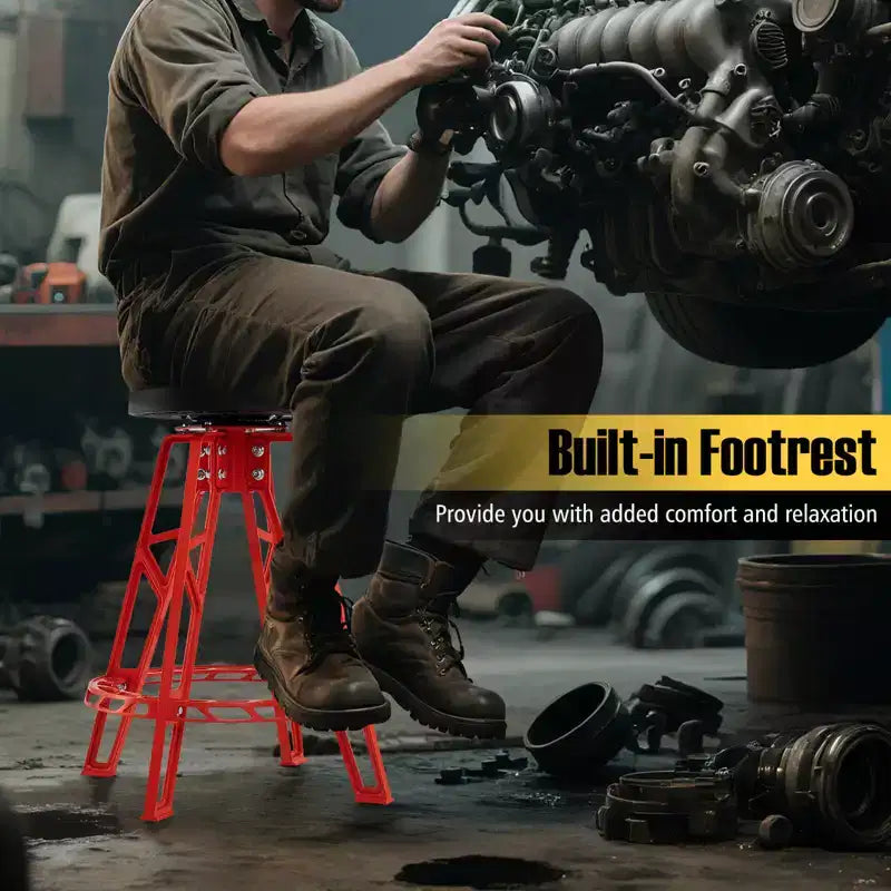 Tabouret d'atelier pivotant de 28 pouces avec siège rembourré rond pour atelier et réparation automobile, rouge et noir