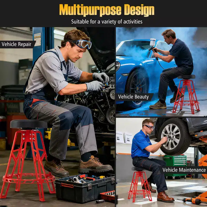 Tabouret d'atelier pivotant de 28 pouces avec siège rembourré rond pour atelier et réparation automobile, rouge et noir