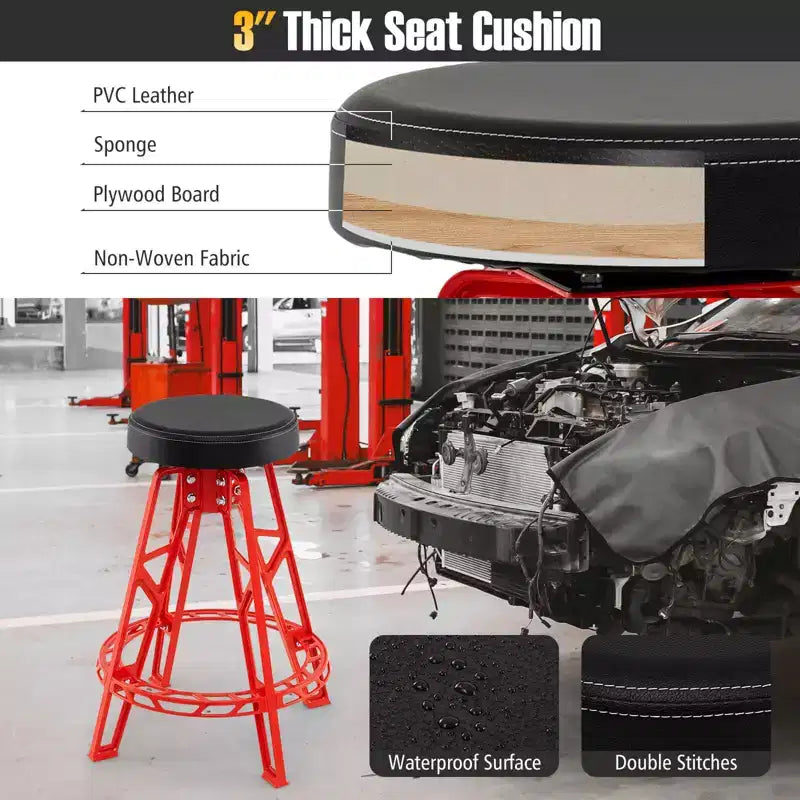 Tabouret d'atelier pivotant de 28 pouces avec siège rembourré rond pour atelier et réparation automobile, rouge et noir