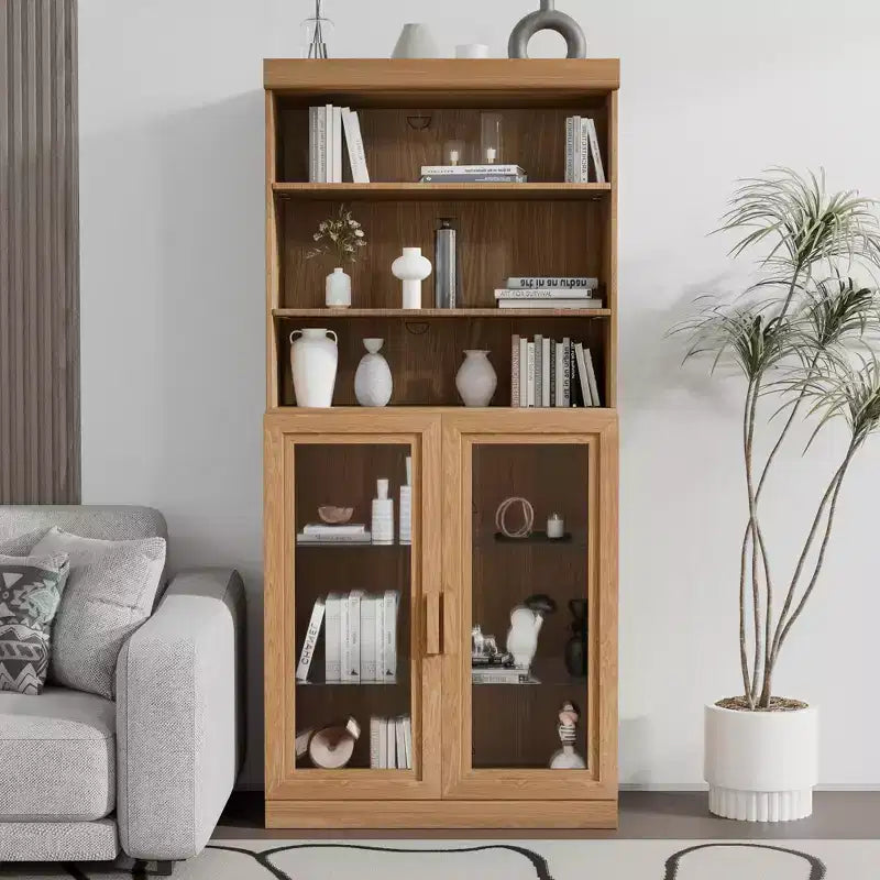 Bibliothèque vitrine à 6 niveaux de 170 cm avec portes en verre et étagères réglables