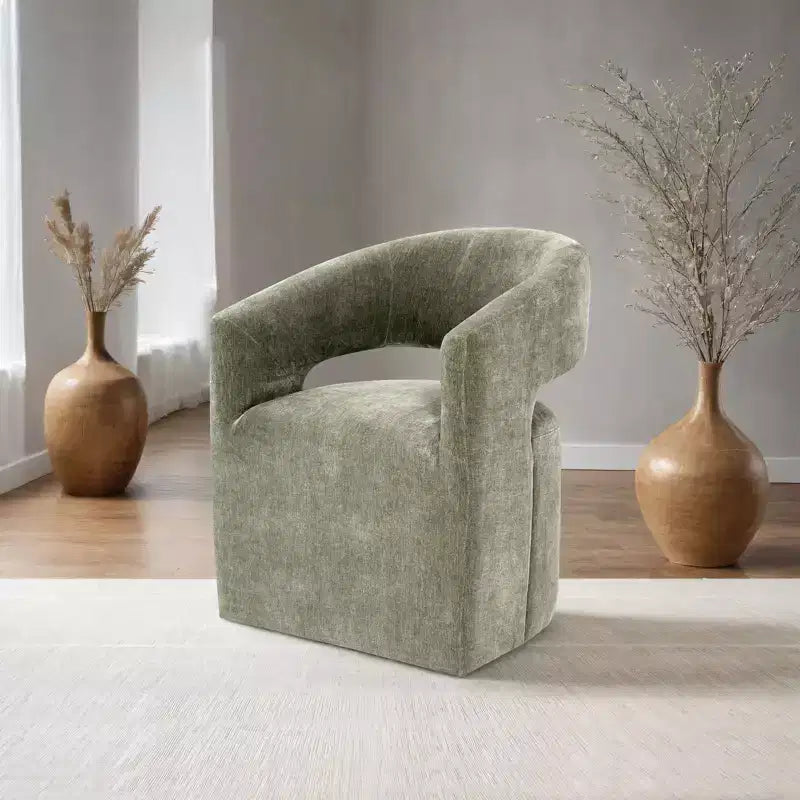 Fauteuil d'appoint dossier incurvé avec piètement colonne, roulettes et tissu neutre