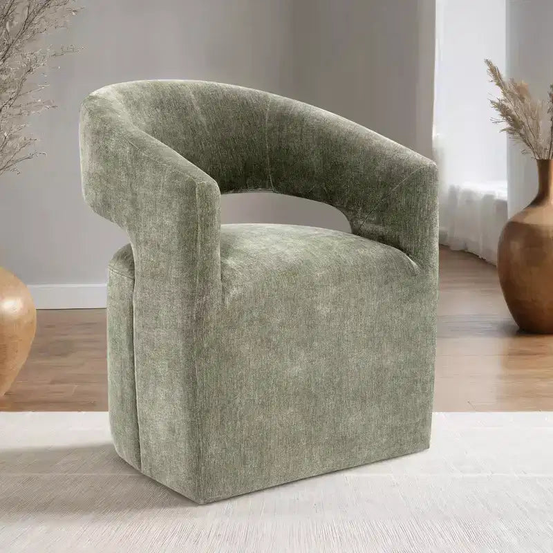 Fauteuil d'appoint dossier incurvé avec piètement colonne, roulettes et tissu neutre