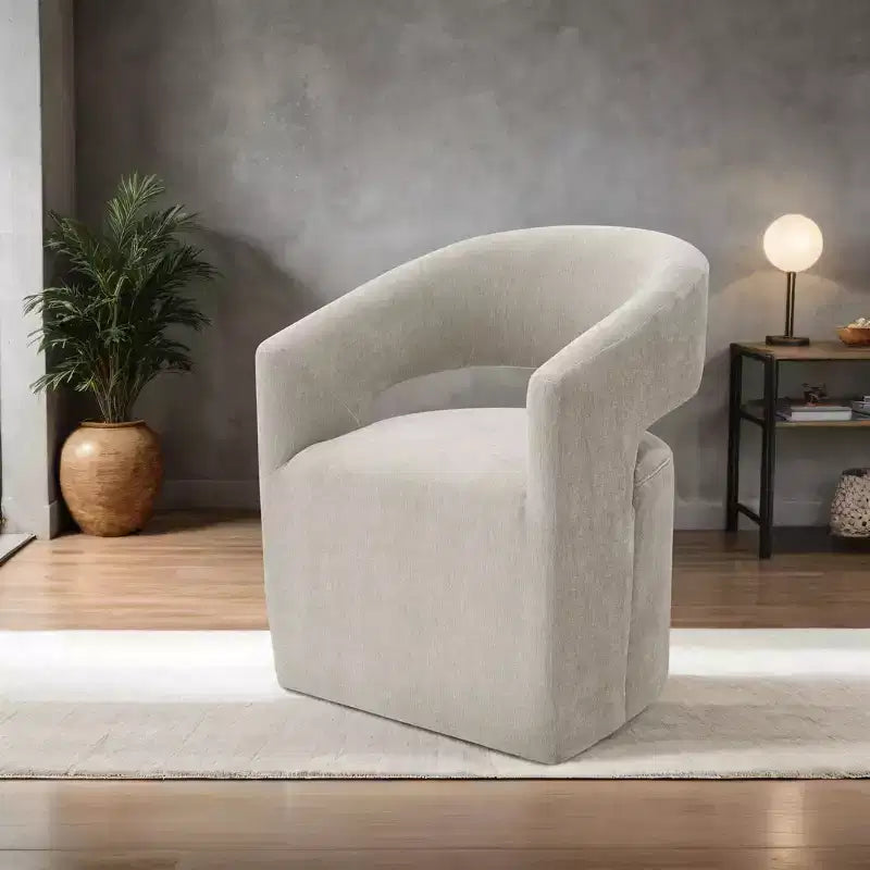 Fauteuil d'appoint dossier incurvé avec piètement colonne, roulettes et tissu neutre