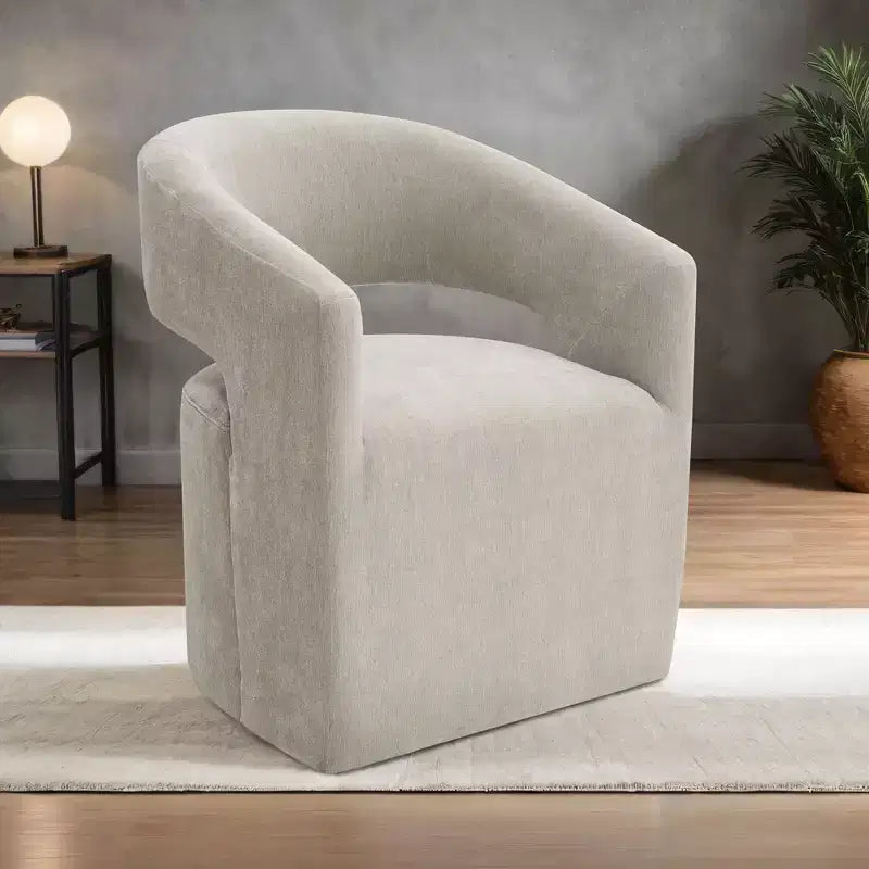 Fauteuil d'appoint dossier incurvé avec piètement colonne, roulettes et tissu neutre