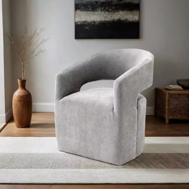 Fauteuil d'appoint dossier incurvé avec piètement colonne, roulettes et tissu neutre