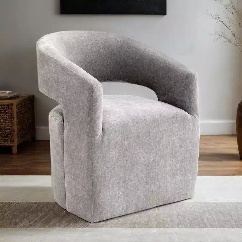 Fauteuil d'appoint dossier incurvé avec piètement colonne, roulettes et tissu neutre