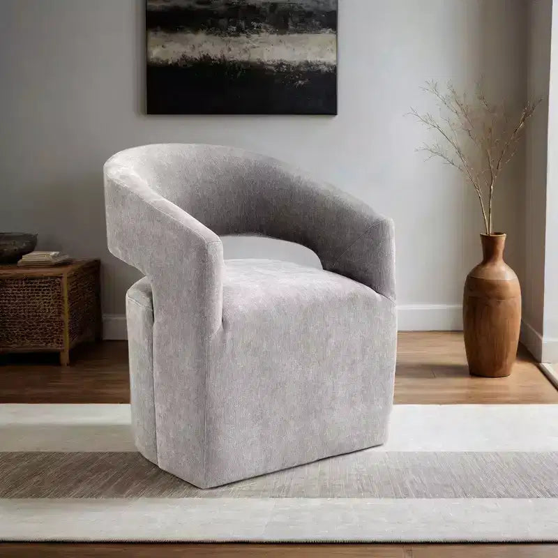 Fauteuil d'appoint dossier incurvé avec piètement colonne, roulettes et tissu neutre