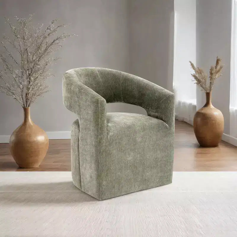 Fauteuil d'appoint dossier incurvé avec piètement colonne, roulettes et tissu neutre