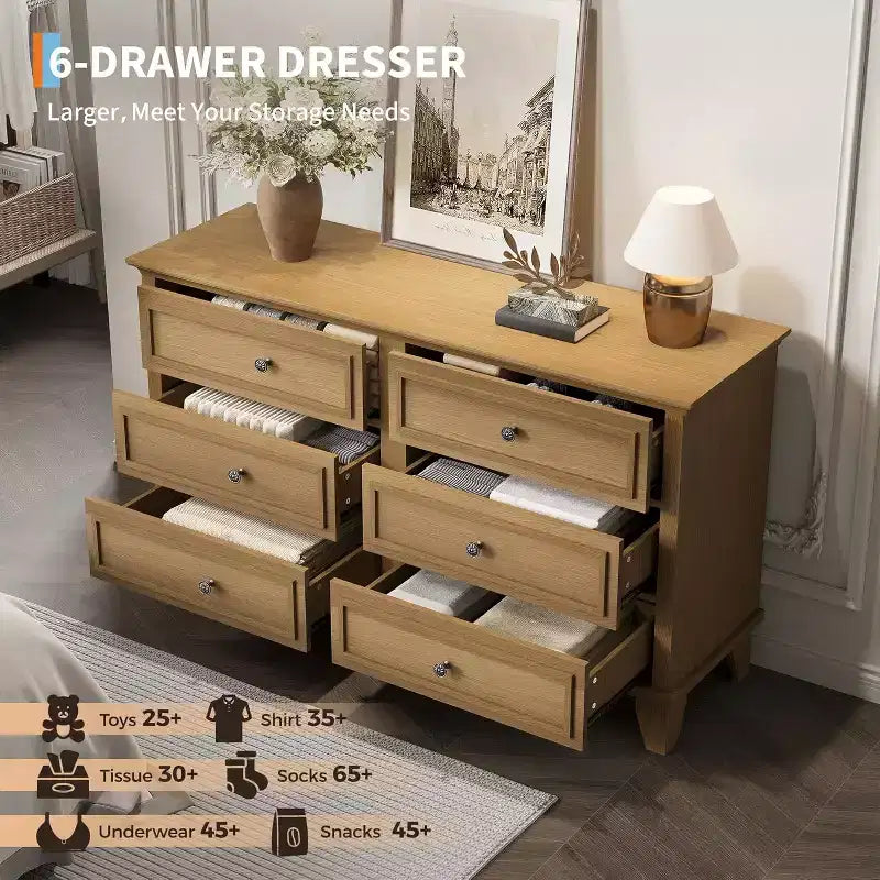 Commode en bois à 6 tiroirs et meuble de rangement, grand meuble TV avec organiseur de tiroirs pour chambre, salon et couloir