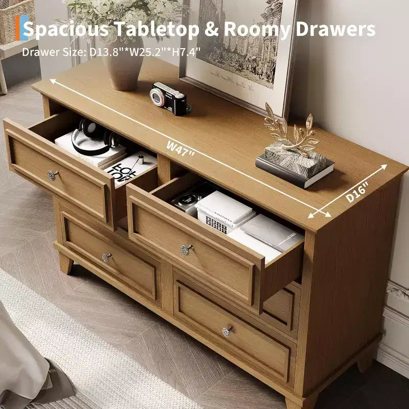 Commode en bois à 6 tiroirs et meuble de rangement, grand meuble TV avec organiseur de tiroirs pour chambre, salon et couloir