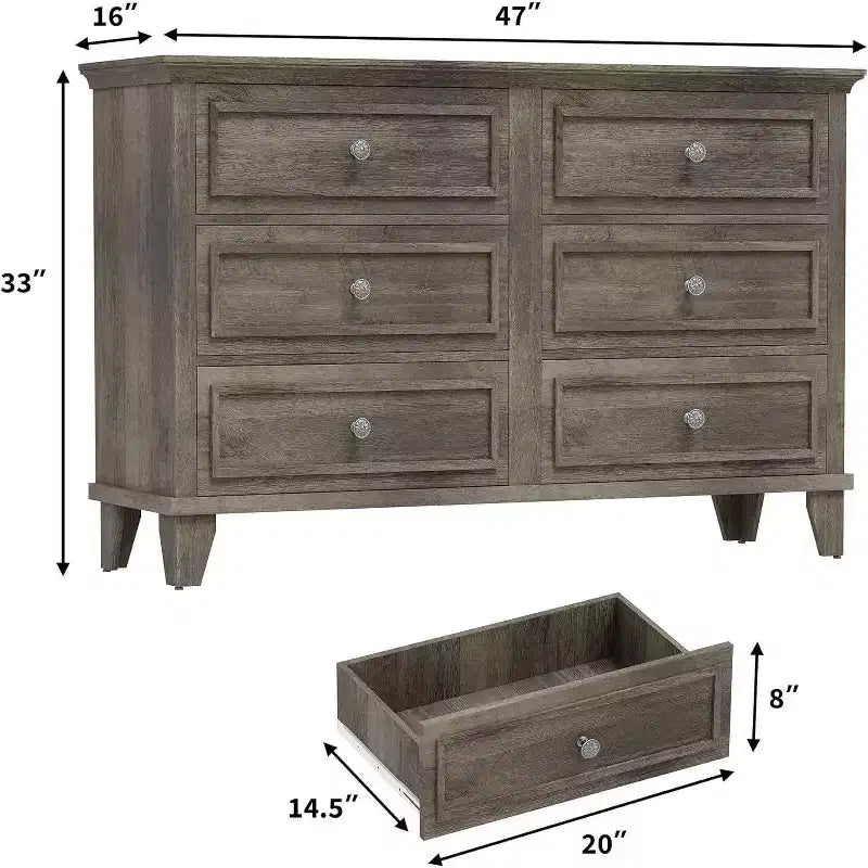Commode en bois à 6 tiroirs et meuble de rangement, grand meuble TV avec organiseur de tiroirs pour chambre, salon et couloir