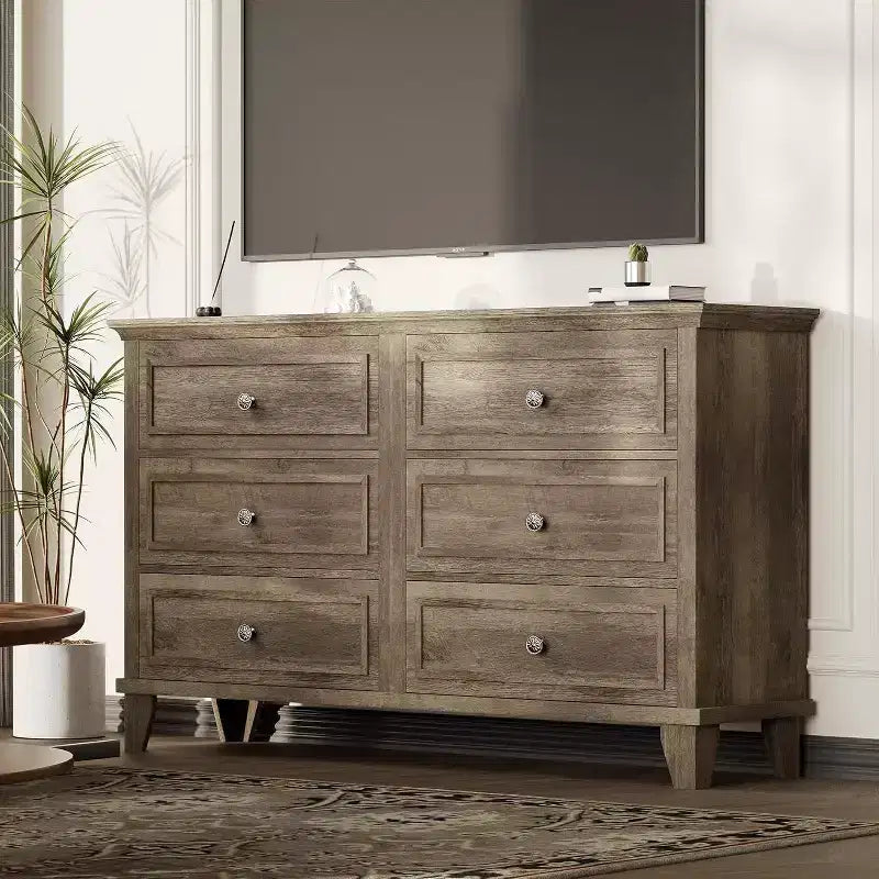 Commode en bois à 6 tiroirs et meuble de rangement, grand meuble TV avec organiseur de tiroirs pour chambre, salon et couloir