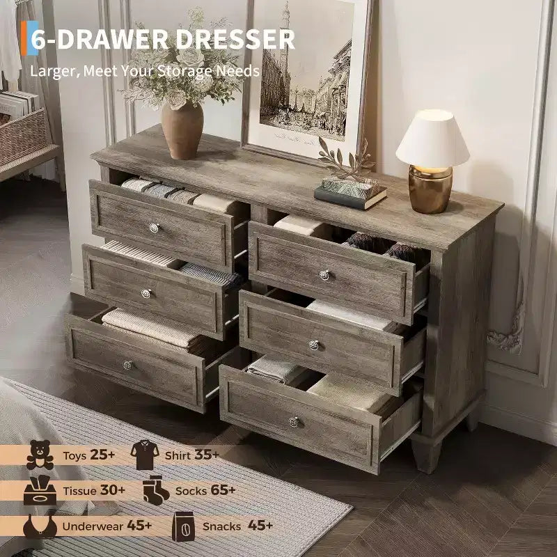 Commode en bois à 6 tiroirs et meuble de rangement, grand meuble TV avec organiseur de tiroirs pour chambre, salon et couloir