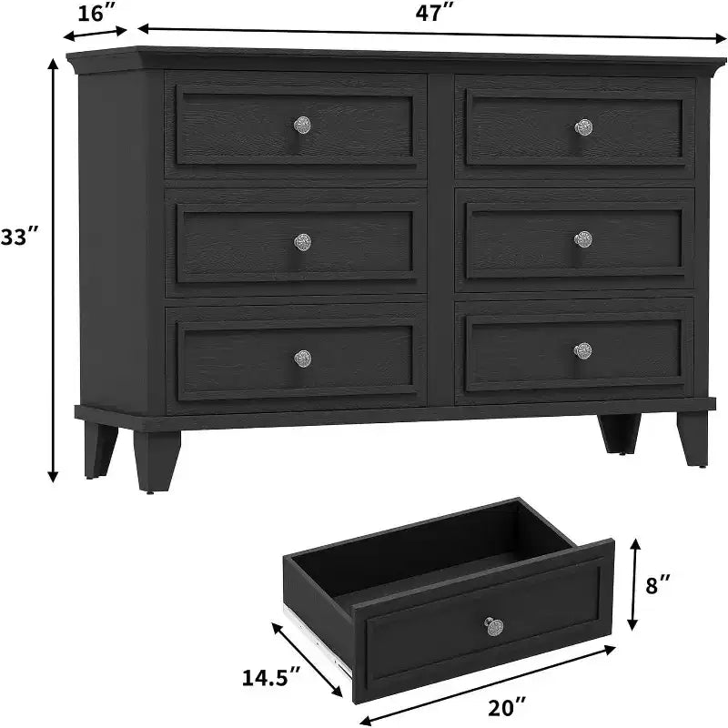 Commode en bois à 6 tiroirs et meuble de rangement, grand meuble TV avec organiseur de tiroirs pour chambre, salon et couloir