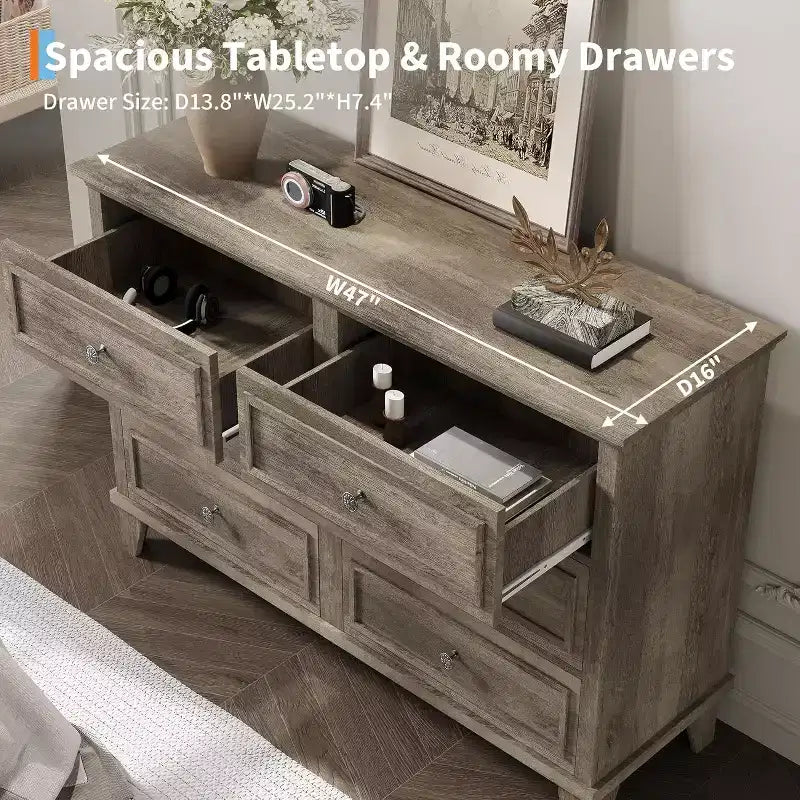 Commode en bois à 6 tiroirs et meuble de rangement, grand meuble TV avec organiseur de tiroirs pour chambre, salon et couloir