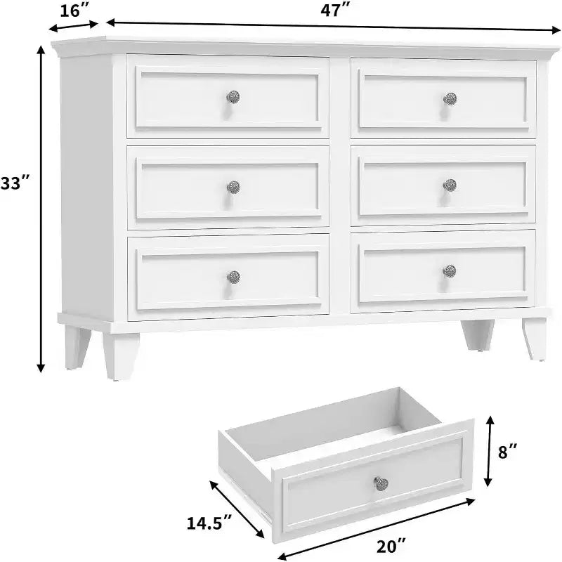 Commode en bois à 6 tiroirs et meuble de rangement, grand meuble TV avec organiseur de tiroirs pour chambre, salon et couloir