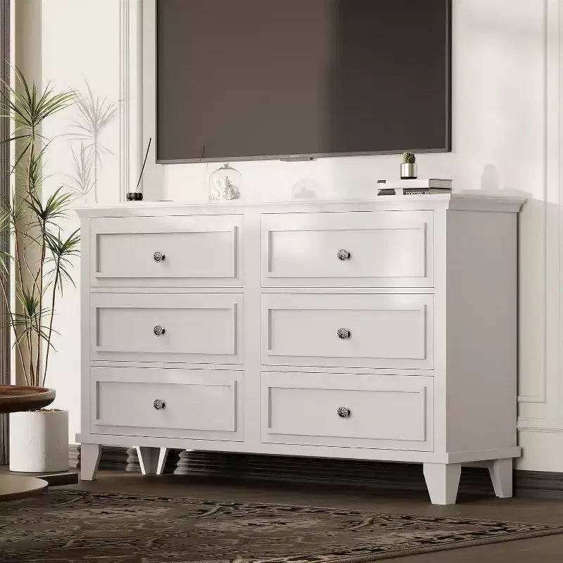 Commode en bois à 6 tiroirs et meuble de rangement, grand meuble TV avec organiseur de tiroirs pour chambre, salon et couloir