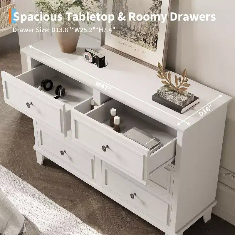 Commode en bois à 6 tiroirs et meuble de rangement, grand meuble TV avec organiseur de tiroirs pour chambre, salon et couloir