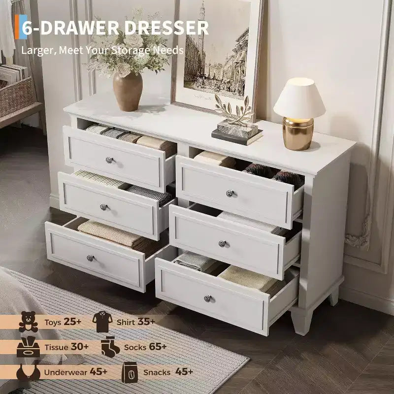 Commode en bois à 6 tiroirs et meuble de rangement, grand meuble TV avec organiseur de tiroirs pour chambre, salon et couloir