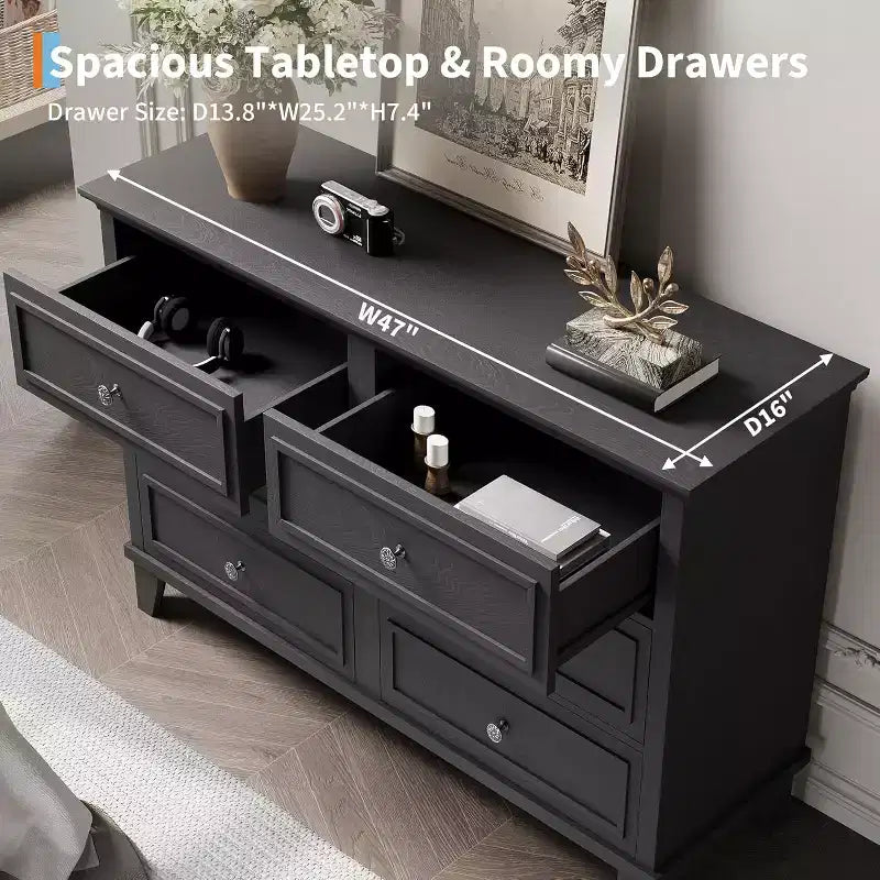 Commode en bois à 6 tiroirs et meuble de rangement, grand meuble TV avec organiseur de tiroirs pour chambre, salon et couloir