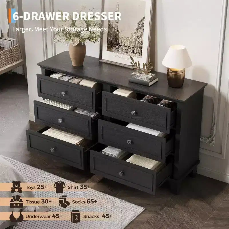 Commode en bois à 6 tiroirs et meuble de rangement, grand meuble TV avec organiseur de tiroirs pour chambre, salon et couloir