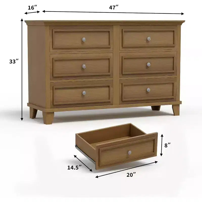 Commode en bois à 6 tiroirs et meuble de rangement, grand meuble TV avec organiseur de tiroirs pour chambre, salon et couloir