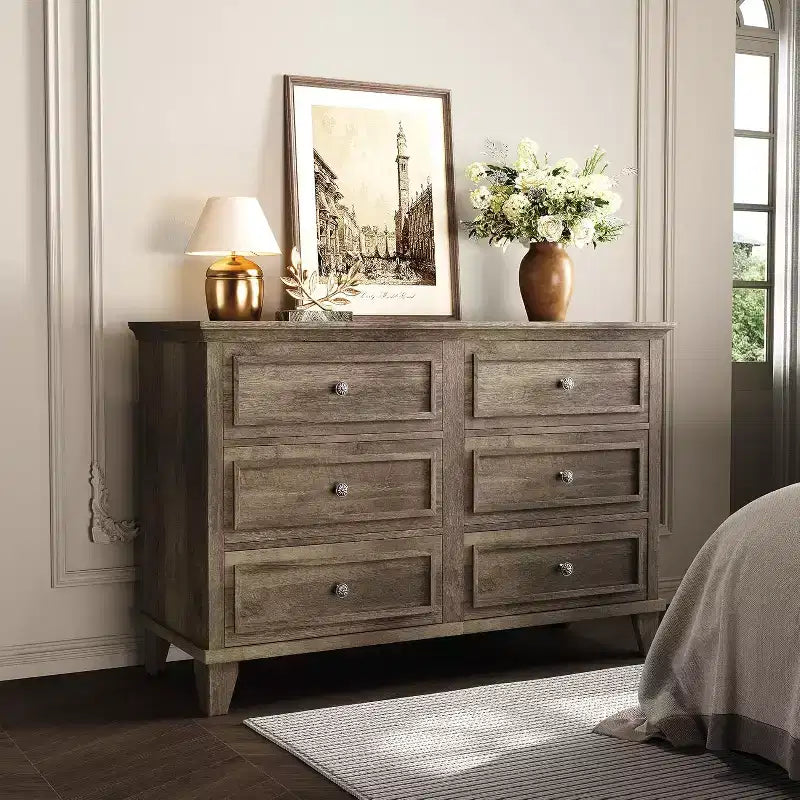 Commode en bois à 6 tiroirs et meuble de rangement, grand meuble TV avec organiseur de tiroirs pour chambre, salon et couloir
