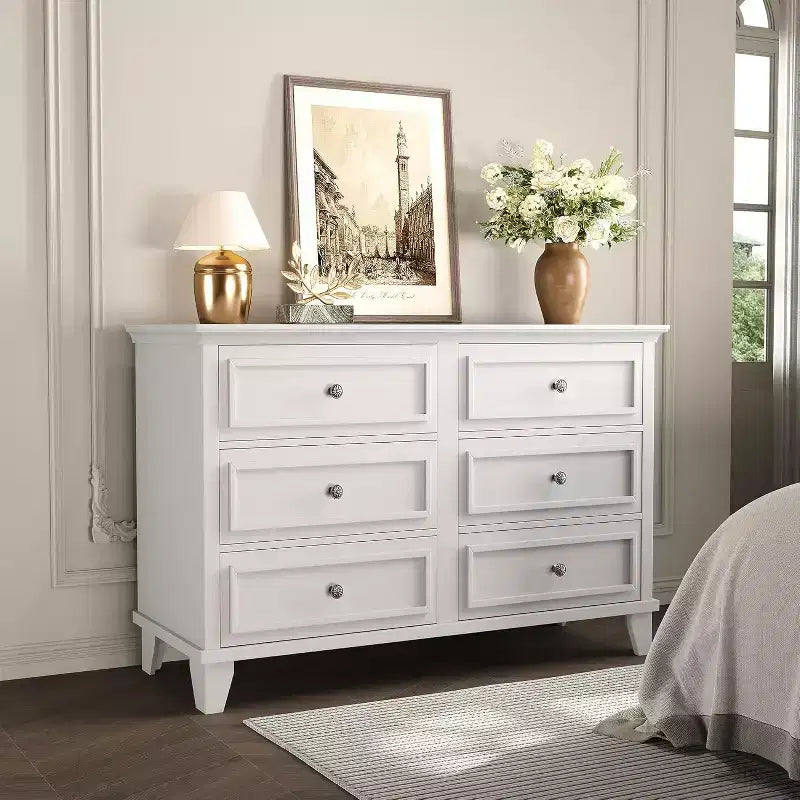 Commode en bois à 6 tiroirs et meuble de rangement, grand meuble TV avec organiseur de tiroirs pour chambre, salon et couloir