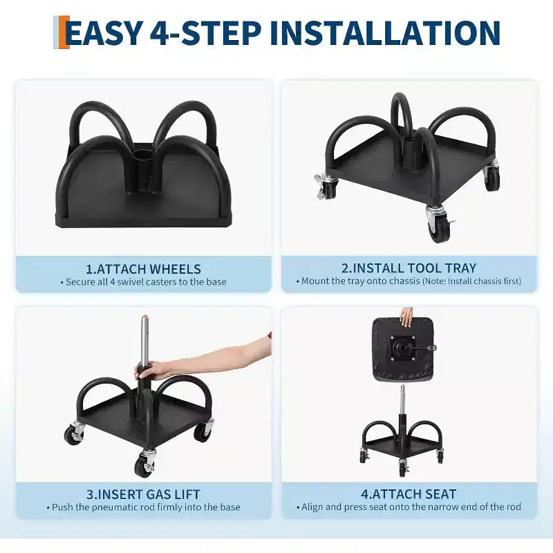 Tabouret de garage roulant avec siège rembourré, réglable en hauteur, capacité de 136 kg, plateau de rangement, roues verrouillables à 360°, noir
