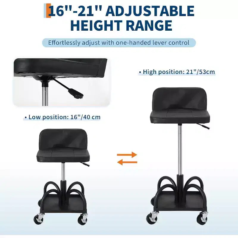 Tabouret de garage roulant avec siège rembourré, réglable en hauteur, capacité de 136 kg, plateau de rangement, roues verrouillables à 360°, noir