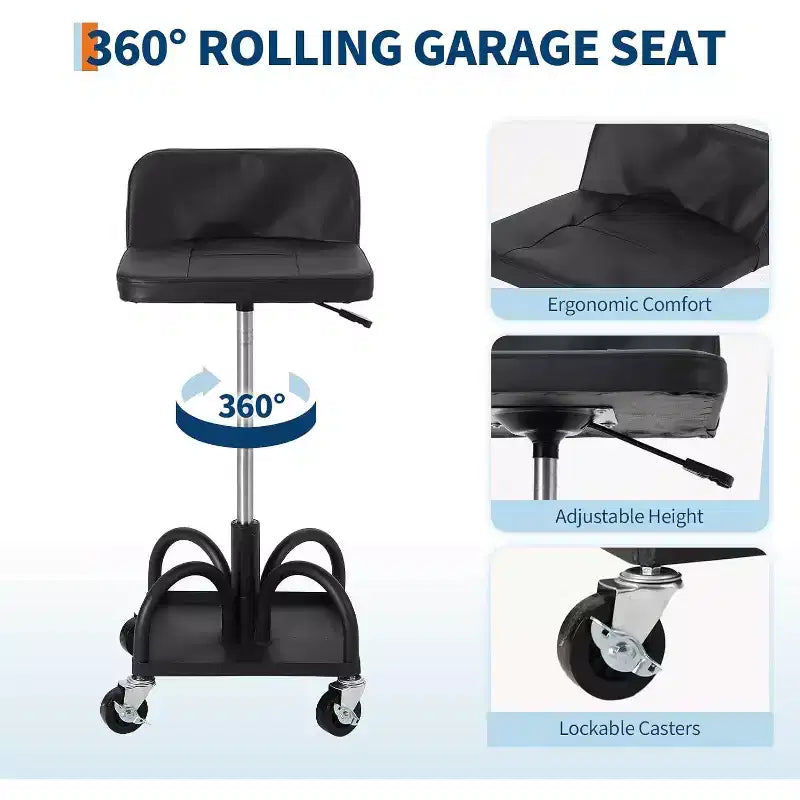 Tabouret de garage roulant avec siège rembourré, réglable en hauteur, capacité de 136 kg, plateau de rangement, roues verrouillables à 360°, noir