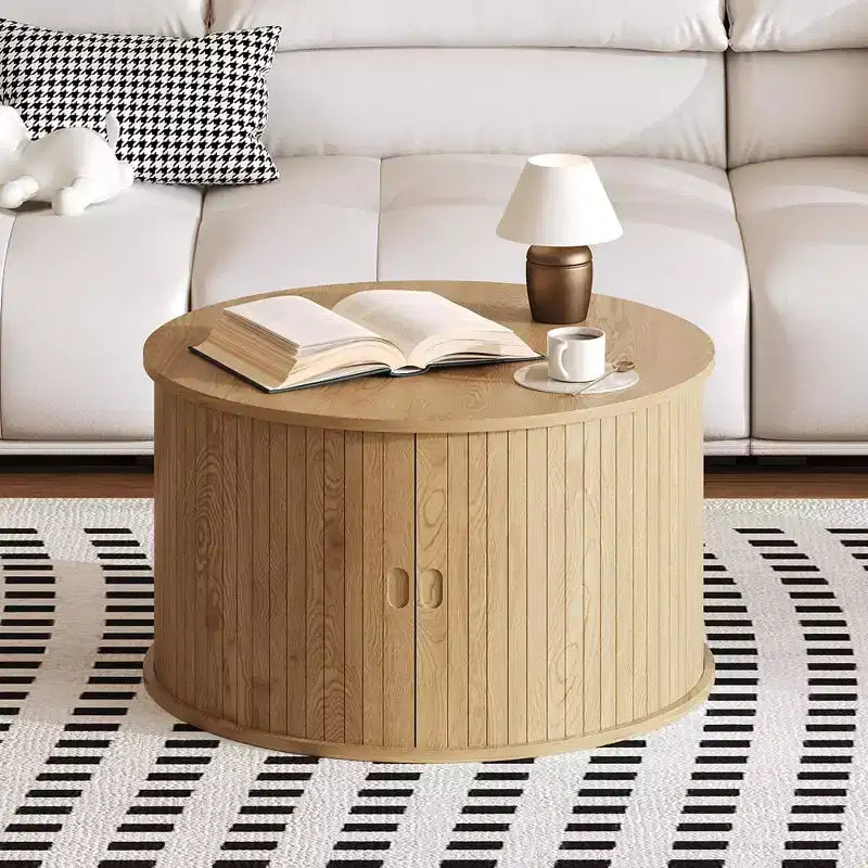 Table basse ronde de 28" avec rangement – Porte à tambour cannelée style Mid-Century Modern