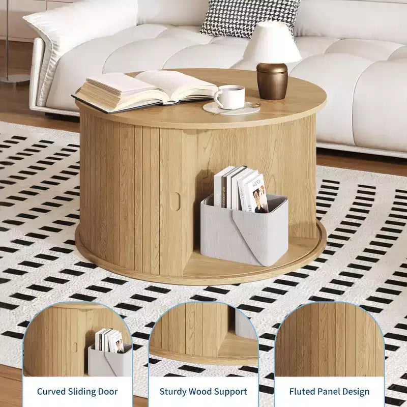 Table basse ronde de 28" avec rangement – Porte à tambour cannelée style Mid-Century Modern