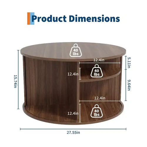 Table basse ronde de 28" avec rangement – Porte à tambour cannelée style Mid-Century Modern
