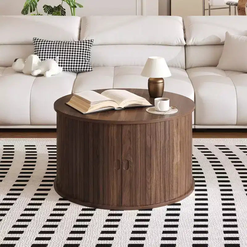 Table basse ronde de 28" avec rangement – Porte à tambour cannelée style Mid-Century Modern