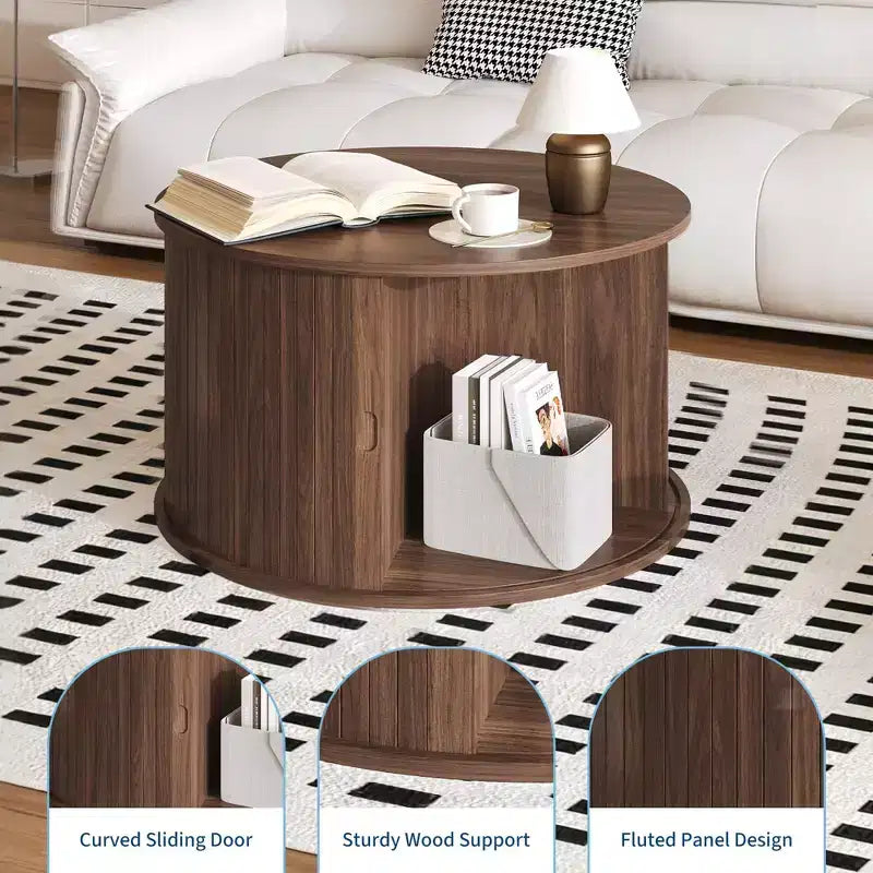 Table basse ronde de 28" avec rangement – Porte à tambour cannelée style Mid-Century Modern
