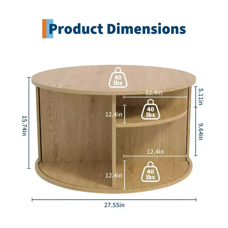 Table basse ronde de 28" avec rangement – Porte à tambour cannelée style Mid-Century Modern
