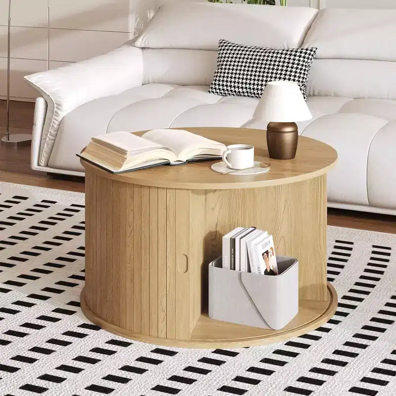 Table basse ronde de 28" avec rangement – Porte à tambour cannelée style Mid-Century Modern