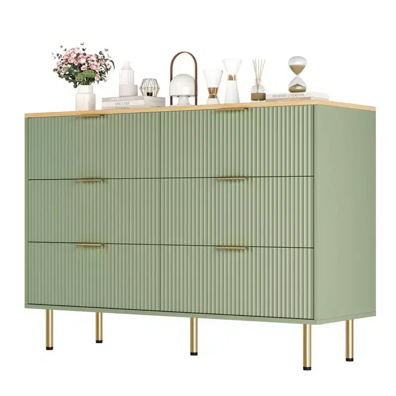 Modern Fluted 6-Drawer Dresser - 47 Wide Wooden Chest with Metal Handles - Large Storage Organizer for Bedroom, Living Room, Hallway, Entryway