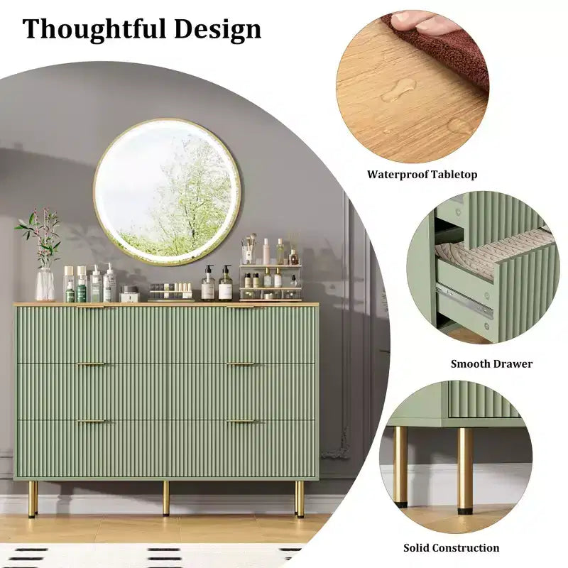 Modern Fluted 6-Drawer Dresser - 47 Wide Wooden Chest with Metal Handles - Large Storage Organizer for Bedroom, Living Room, Hallway, Entryway
