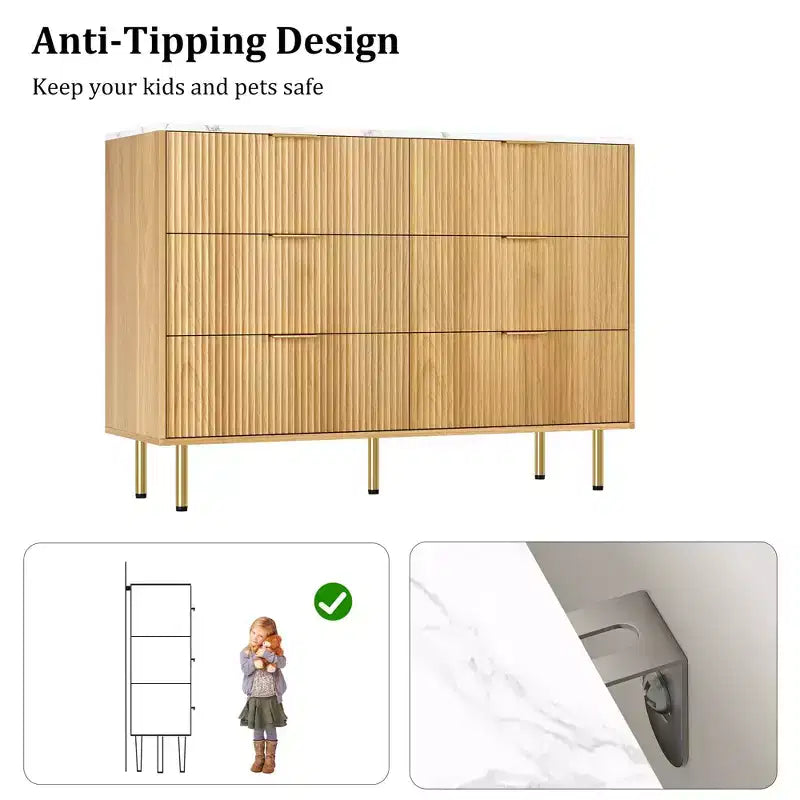 Modern Fluted 6-Drawer Dresser - 47 Wide Wooden Chest with Metal Handles - Large Storage Organizer for Bedroom, Living Room, Hallway, Entryway