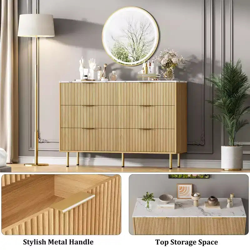 Modern Fluted 6-Drawer Dresser - 47 Wide Wooden Chest with Metal Handles - Large Storage Organizer for Bedroom, Living Room, Hallway, Entryway