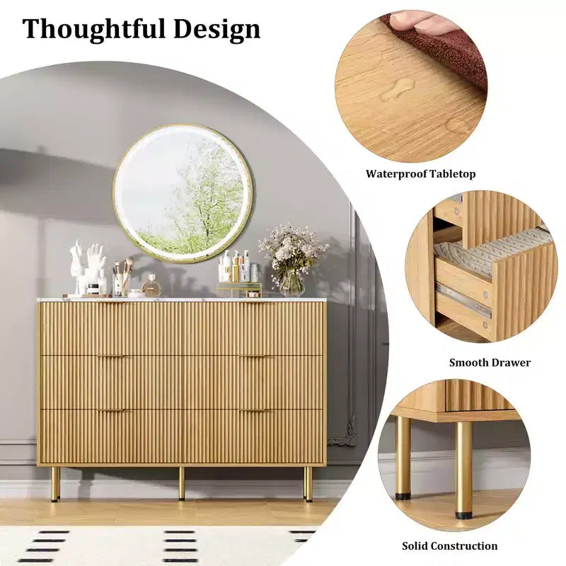 Modern Fluted 6-Drawer Dresser - 47 Wide Wooden Chest with Metal Handles - Large Storage Organizer for Bedroom, Living Room, Hallway, Entryway