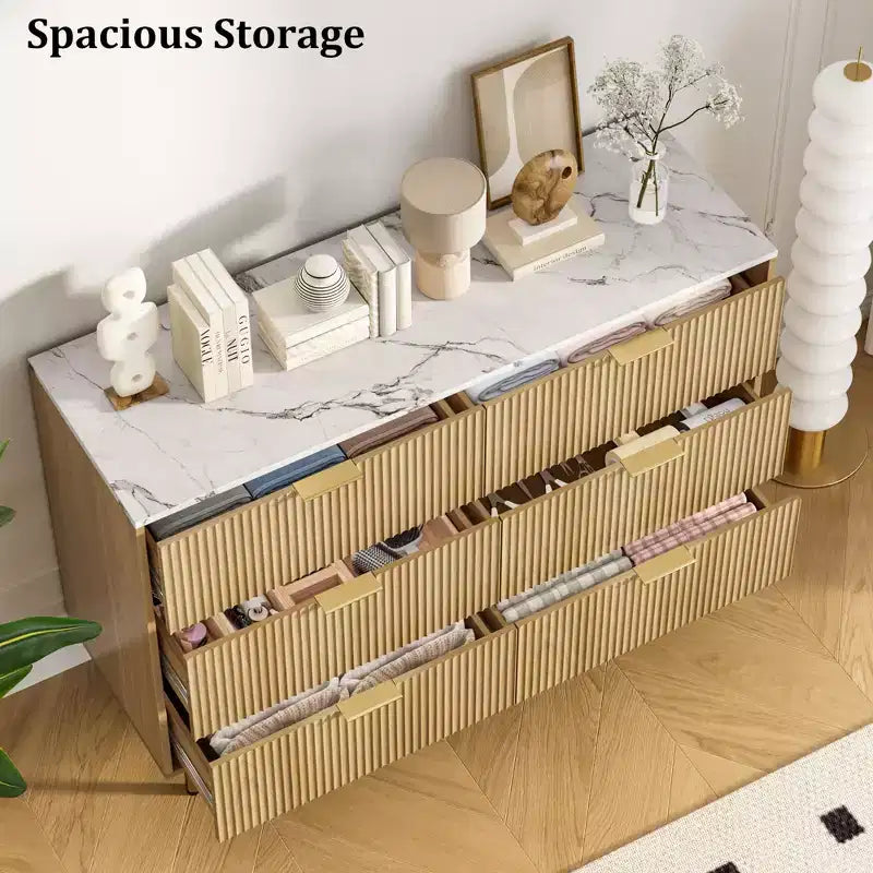 Modern Fluted 6-Drawer Dresser - 47 Wide Wooden Chest with Metal Handles - Large Storage Organizer for Bedroom, Living Room, Hallway, Entryway